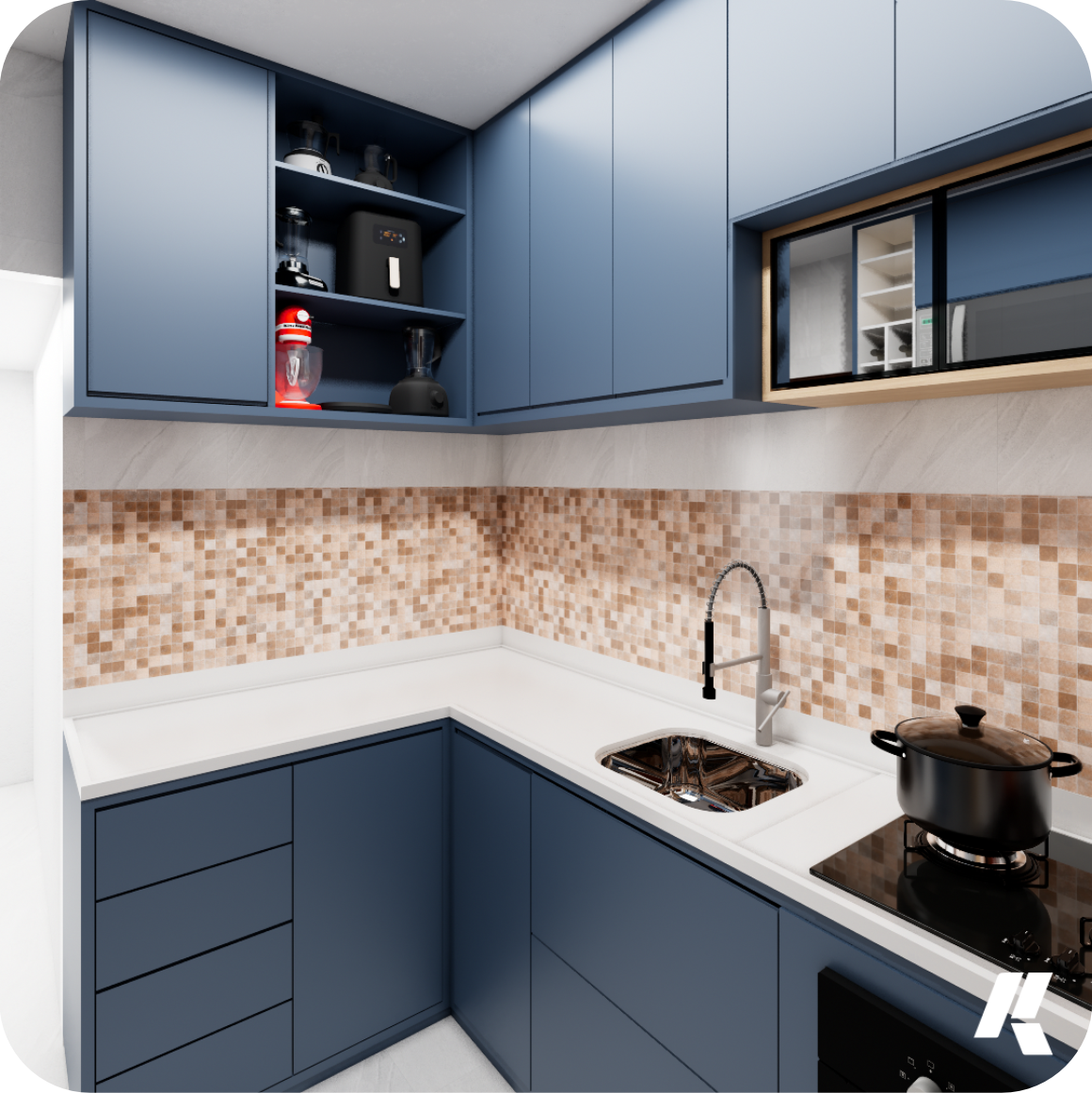 Cozinha planejada em formato L com armários azuis, bancada branca e revestimento mosaico, projeto de design de interiores da Kivan.