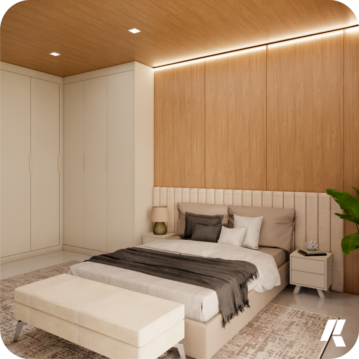 Quarto planejado moderno com painel amadeirado, iluminação embutida e guarda-roupa sob medida, projeto de interiores Kivan.