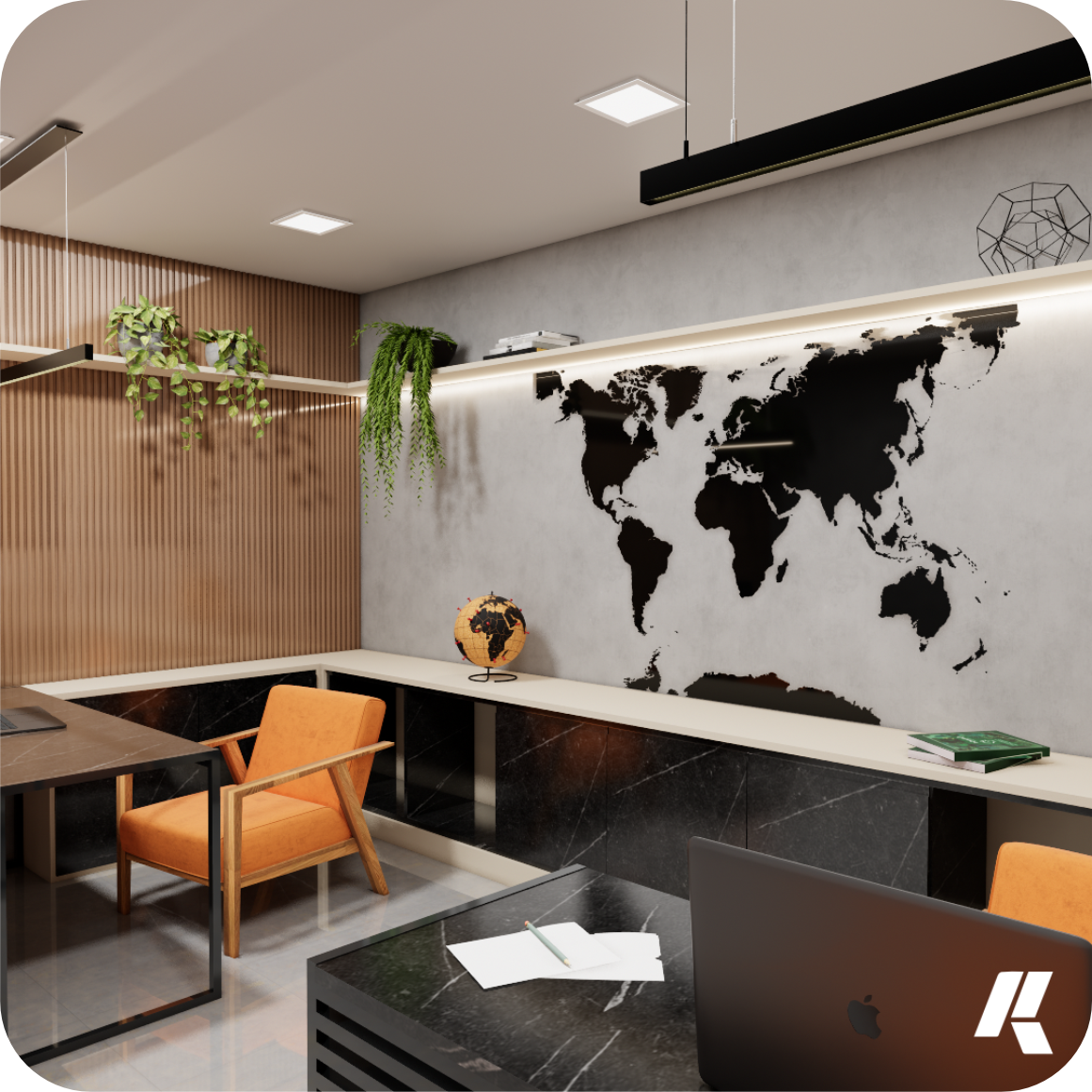 Escritório planejado para duas pessoas com mesa compartilhada, painel de madeira, mapa mundial decorativo e detalhes modernos, projeto de interiores Kivan.