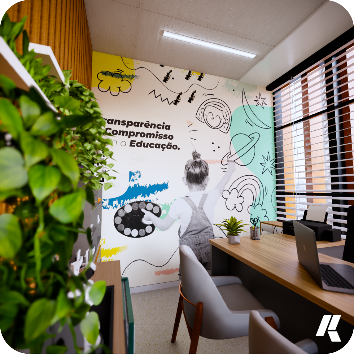 Escritório planejado criativo com parede ilustrada, mesa de trabalho compartilhada e elementos naturais, projeto de interiores Kivan.