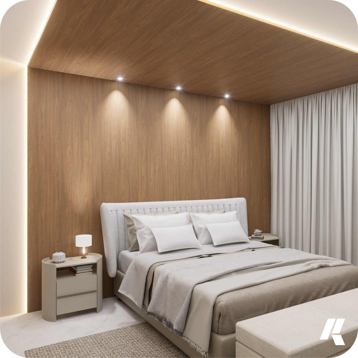 Quarto planejado da Kivan com design minimalista, iluminação aconchegante e móveis sob medida.